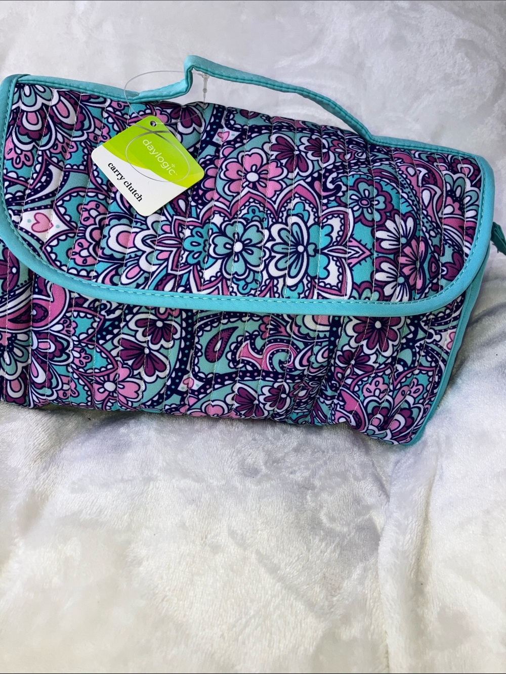 Quilted Floral Cosmetic Carry Clutch - Turquoise, Pink & Purple
